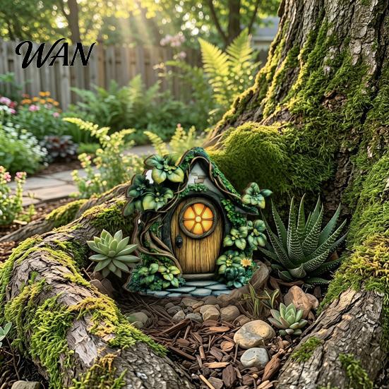 Garden Corner Fairy Lights Wooden Decoration, Tree Hollow Cottage Door with High-Definition Crafts Decoration UV Printing, Waterproof Acrylic Outdoor