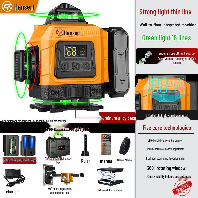 16-line High Precision Green Laser Level with Automatic Leveling for Indoor/Outdoor Use