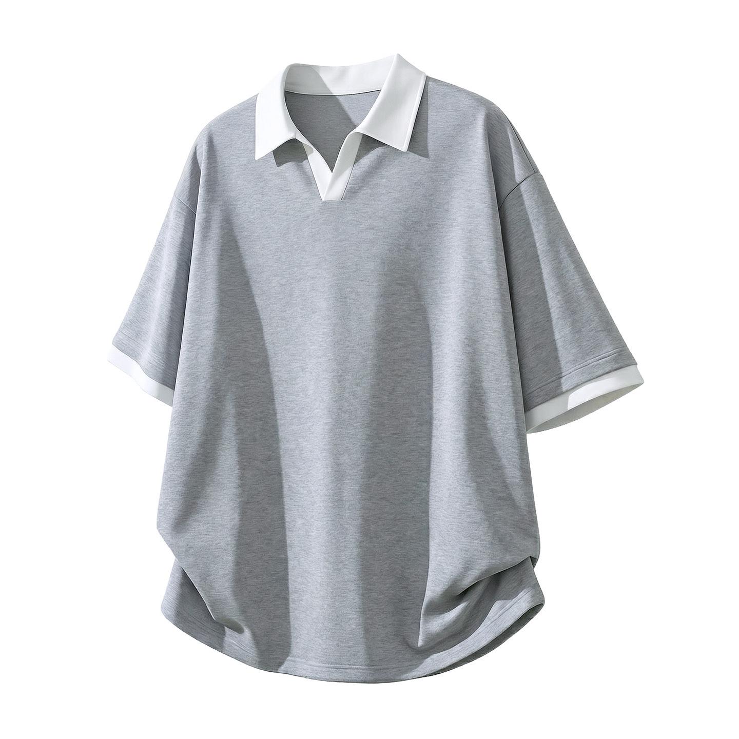 Seagull Collar Color Block Polo Shirt – Men s Retro American Casual Style Short Sleeve XL