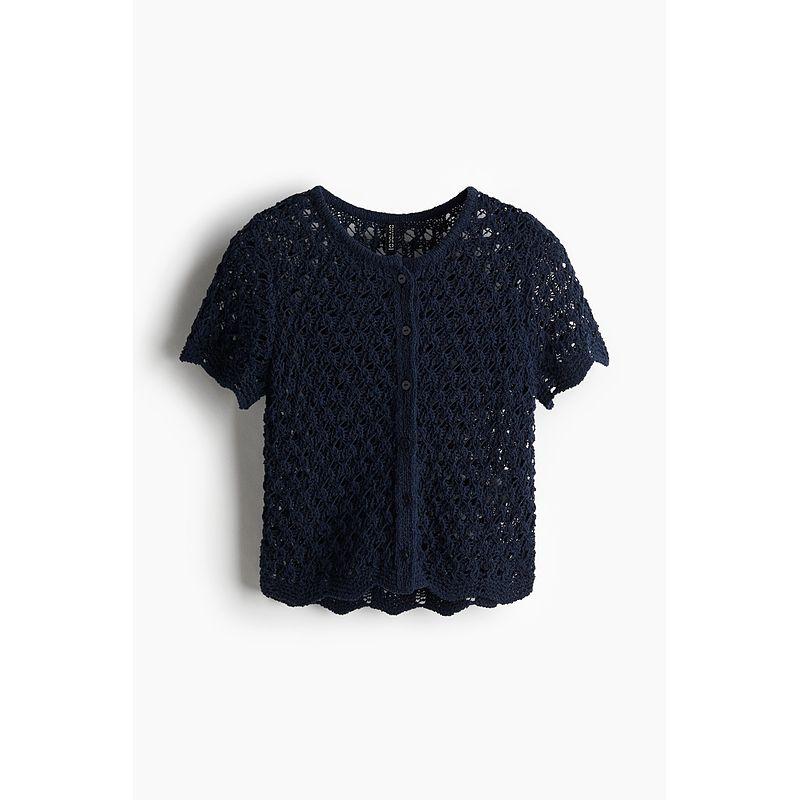 

HM Women s Woolen Sweater 2025 Autumn New Arrival Short Sleeve Cut Out Knitting Fashion round Neck Short Cardigan 1276248 Navy blue 155/80