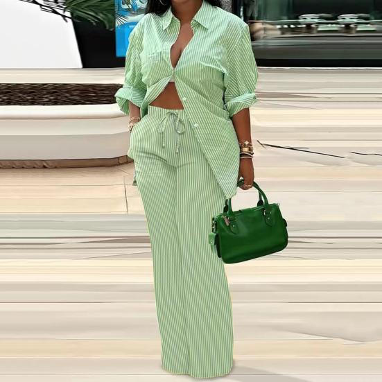 2Pcs/Set Women Shirt Pants Suit Turn-down Collar Long Sleeves Printed Casual Loose Top