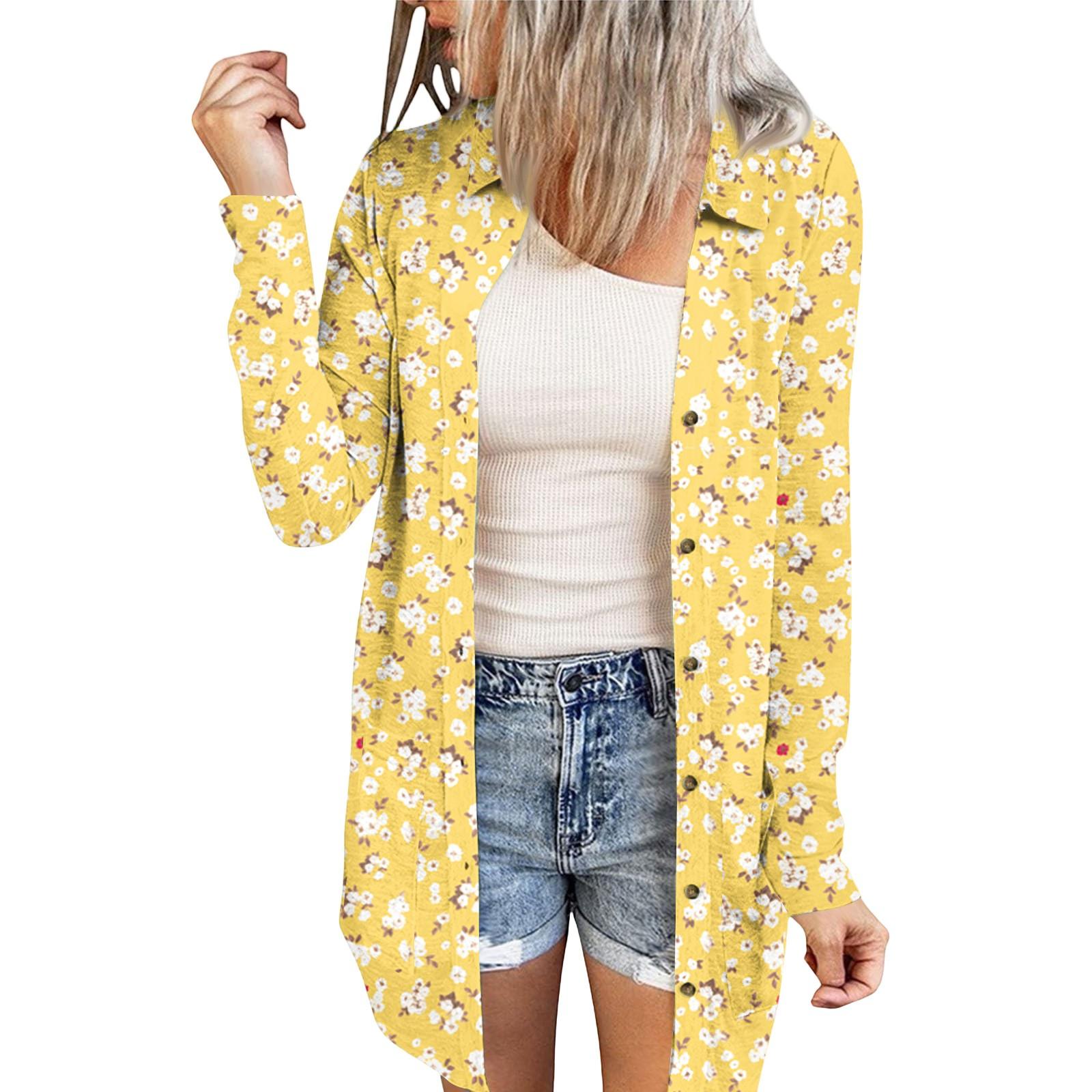 

Женский повседневный модный кардиган-жакет средней длины с принтом и длинными рукавами XL жёлтый