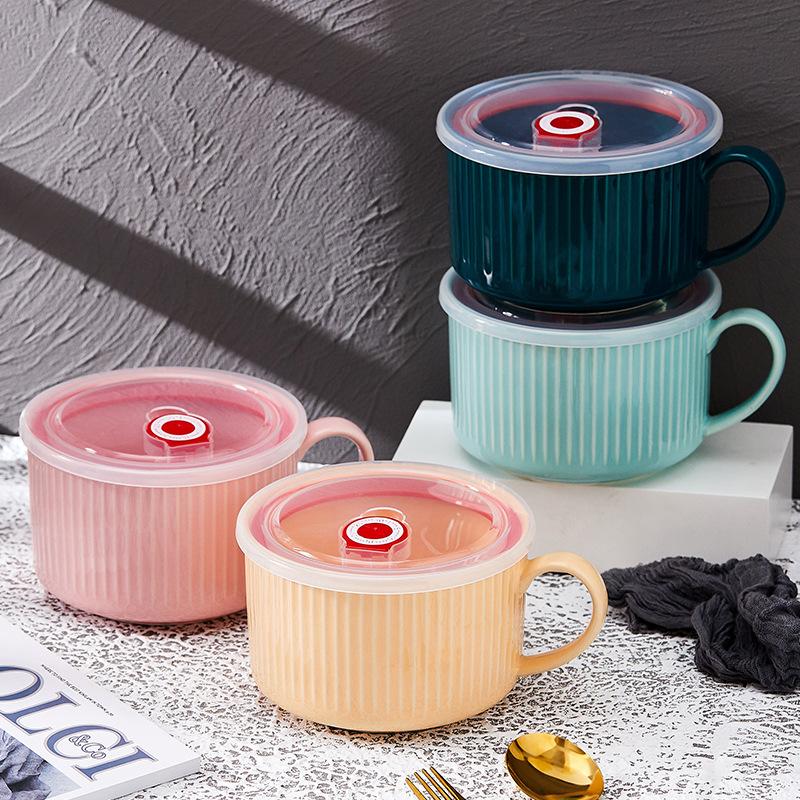 Nordic Ceramic Noodle Bowl with Lid Single Ear Design for Home Office Student Dormitory