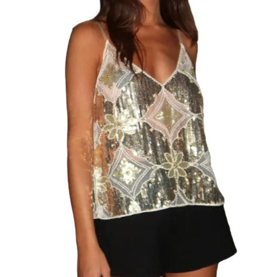 Dame Sommer Vest V-hals Ermeløs Mesh Glitter Ryggløs Paljett Blonder Topper Løs Passform Perlebesatt Stroppskjorte