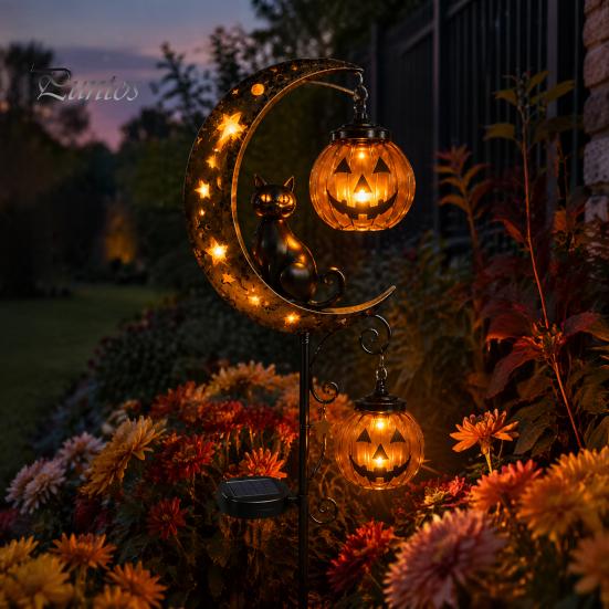 Waterproof Solar Stakes for Flower Beds Halloween Garden Stake Light, Black Cat Pumpkin on Crescent Moon with Weather Resistant Fall Ornaments Hanging