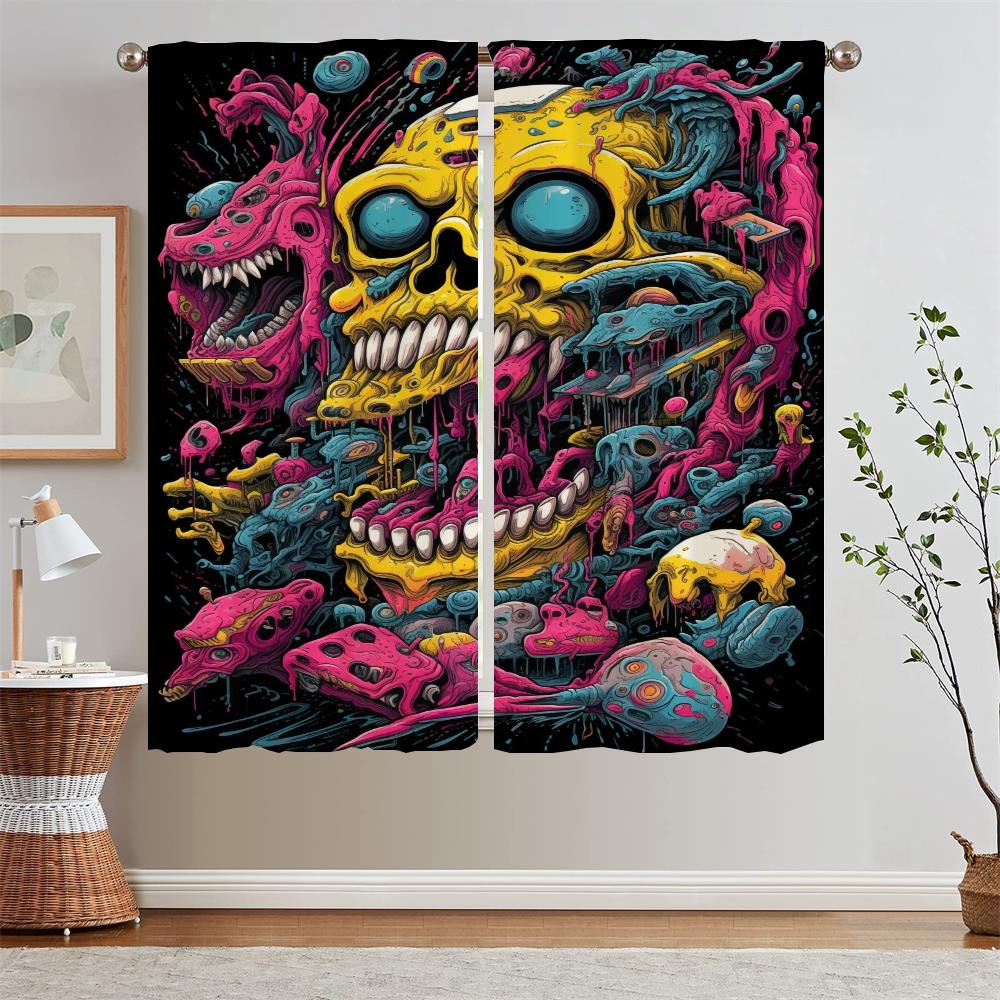 Cartoon Skull Illustration Kitchen Curtain Tiebacks Bedroom Curtains 2 Pieces Black Out Curtains for Living Room Tentacles Blind