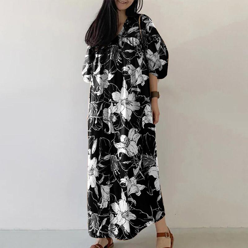 ZANZEA Women Summer V-Neck 3/4 Sleeve Loose Casual Print Dress