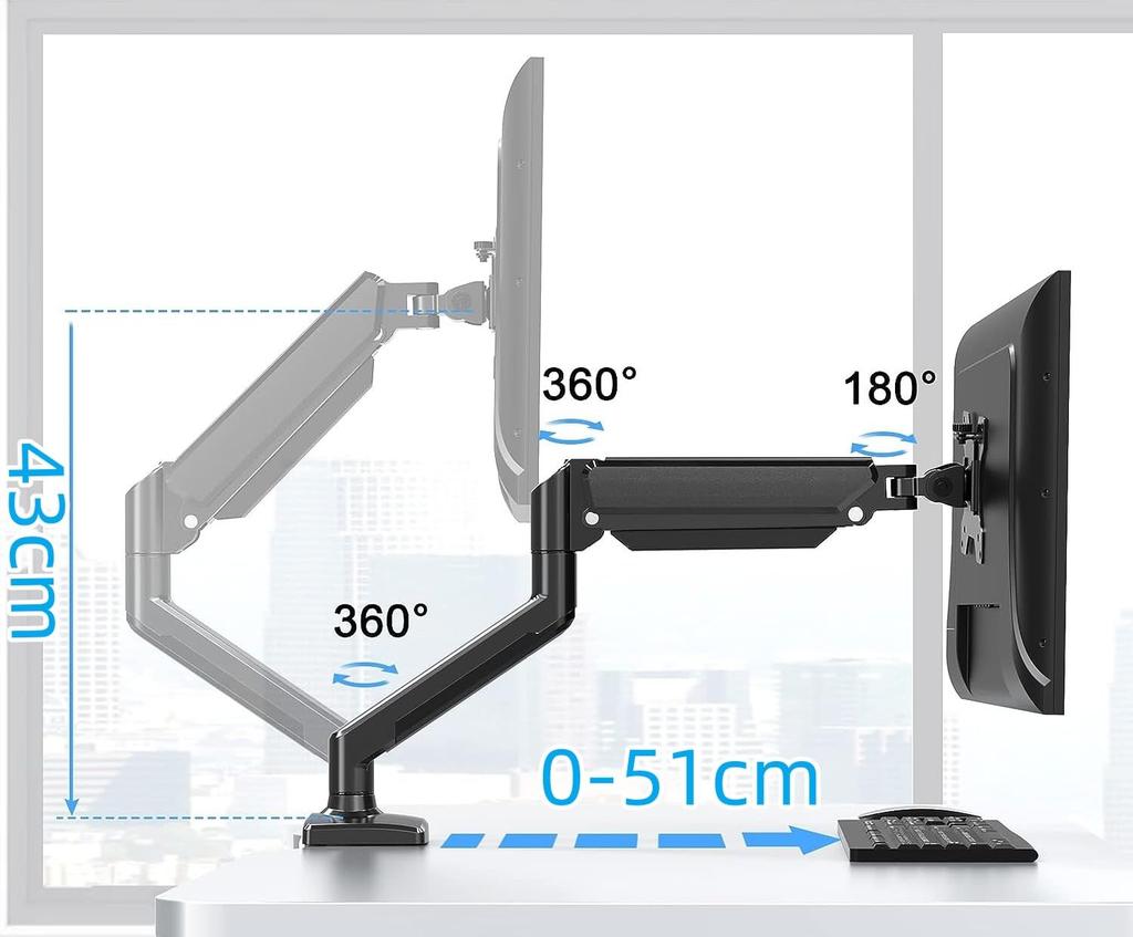 Dual Monitor Compatible with Inch for Two Monitors Arm, Gas-Powered, 13-32 Monitors, Black,