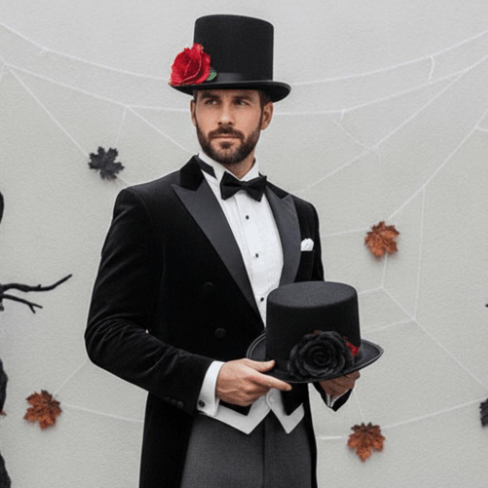 Classic Black Rose Gentleman Cap Vibrant Red Magician Fedora Headwear Drama Actors