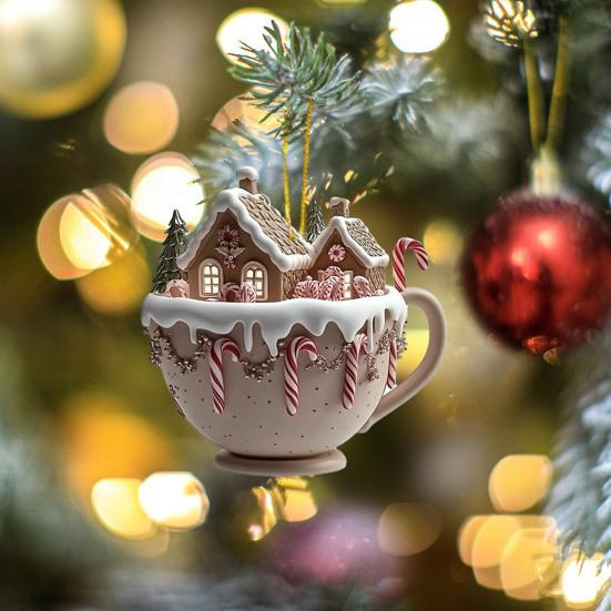 2 Pcs Coffee Cup Christmas Tree Ornaments 2D Acrylic Winter Village Snow House Hot