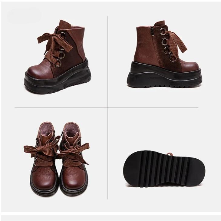 Johnature Genuine Leather Wedges Short Boots Retro Thick Soled Side Zipper Versatile Women's Shoes