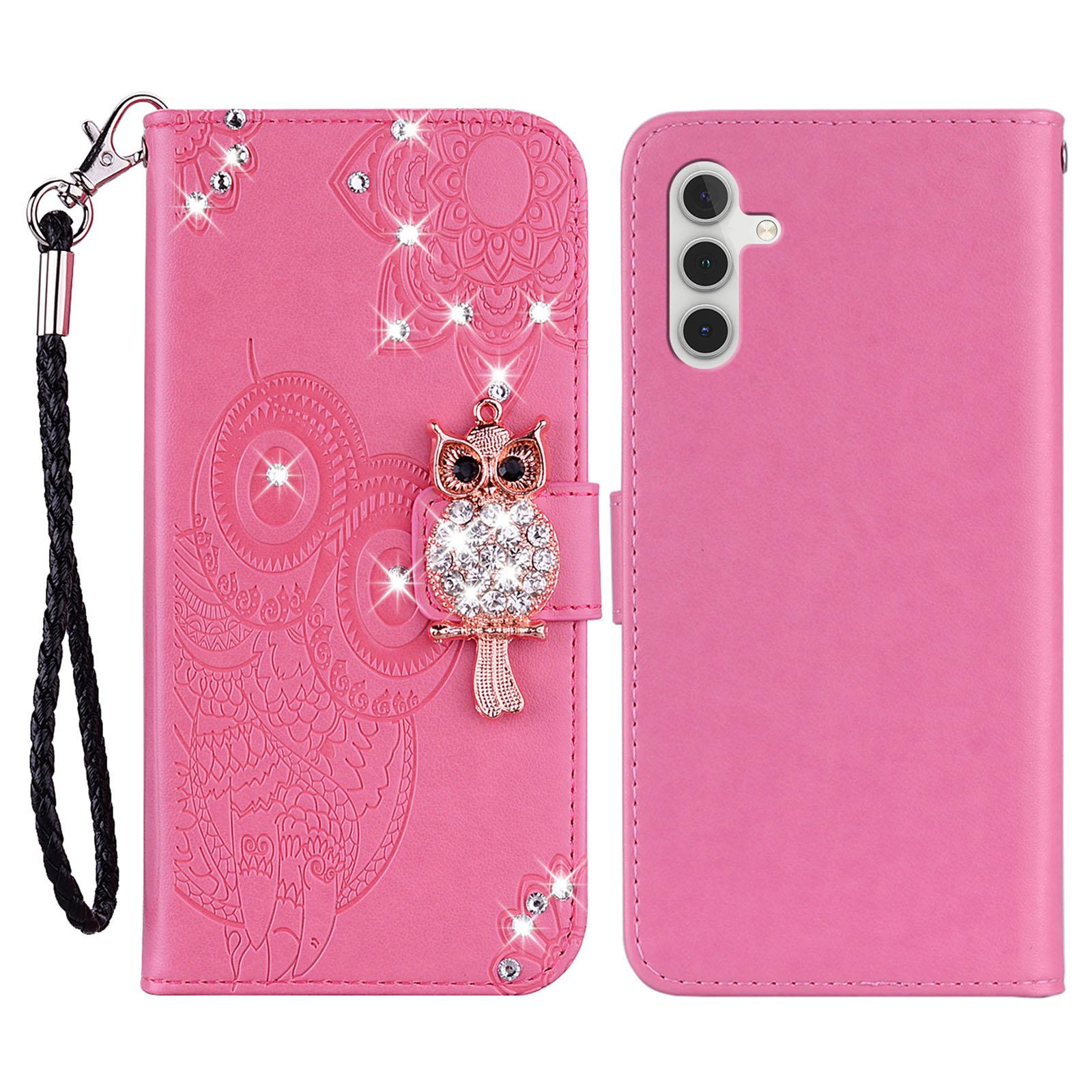 

For Samsung Galaxy A56 5G Wallet Case Owl Flower Imprinted Rhinestone Leather Cover Rose