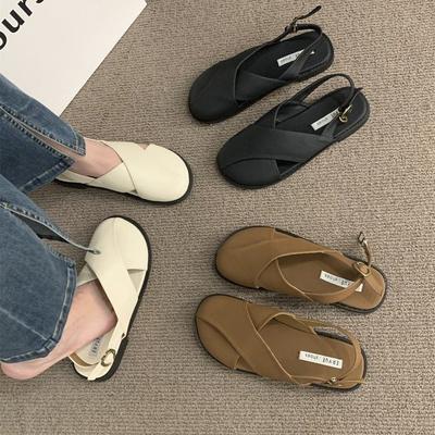 Sandały Baotou Damskie Letnie Wersja Koreańska Francuski Retro Styl Mori Fairy Casual Płaskie Rzymskie Buty Tide