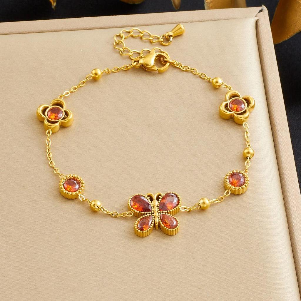 Niche Luxury Sweet Floral Butterfly Diamond Charm Gold-Plated Bracelet