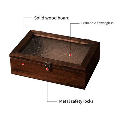 Vintage Wooden Storage Box Decorative Crabapple Flower Solid Wood Storage Cabinet with Glass Lid Desktop Sorting Jewelry Box
