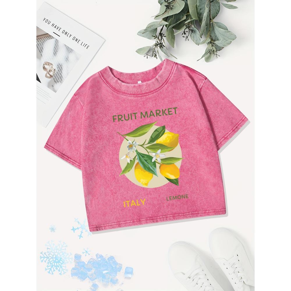 Sexy Cotton Crop Tops Womens Fruit Italy Lemone Prints Washed T-Shirts Summer Regular Fit O-Neck Streetwear Clothes