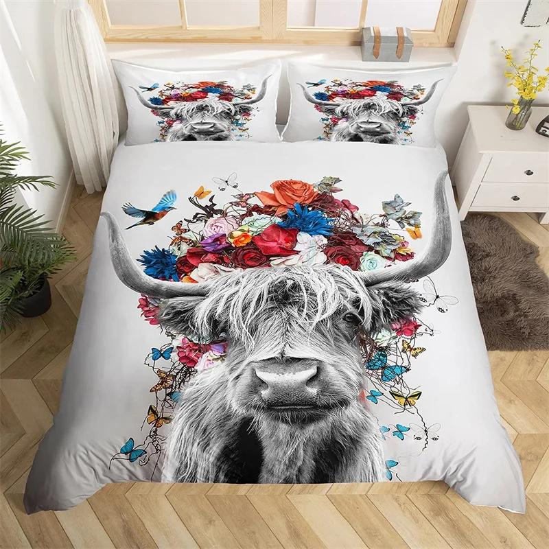 Highland Cow Bedding Set Polyester Bull Cattle Flowers Quilt Cover Western Wild Animal Duvet Cover Farmhouse Cow Bedspread Cover