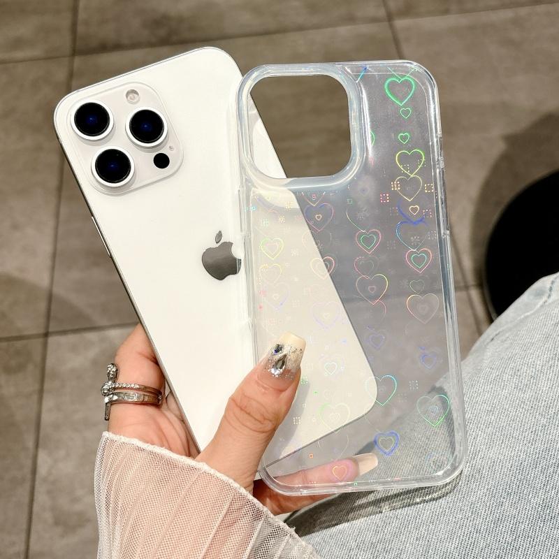 Luxury Gradient Laser Love Heart Leaf Pattern Case For iPhone 16 15 14 13 11 12 Pro Max XS XR 7 8 Plus SE Clear Cover With Heart