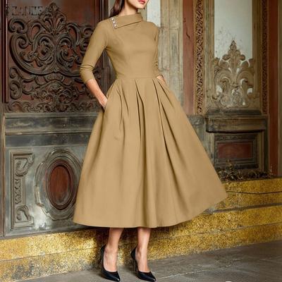 Women Casual Round Neck 3/4 Sleeve Elegant A-Line Dress