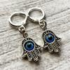 Vintage Silver Color Spiritual Protective Hamsa Hand & Blue Evil Eye Pendant Dangle Earrings for Women