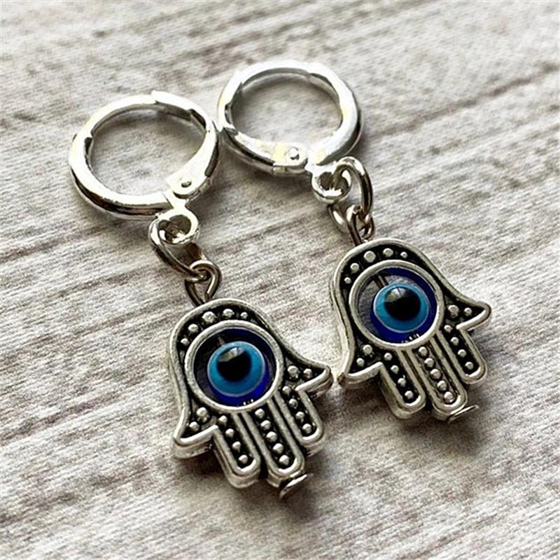Vintage Silver Color Spiritual Protective Hamsa Hand & Blue Evil Eye Pendant Dangle Earrings for Women