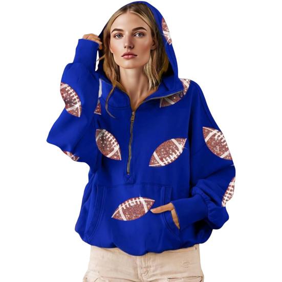 Hooded Sweatshirt for Women Half Zip Oversized Hoodies with Sequin Rugby Print Fall Casual Pullover Tops with Pockets