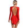 Womens Performance Bodysuit Deep V Neckline Long Sleeve Backless Style Glittery Rhinestones Fringe Dance Leotard