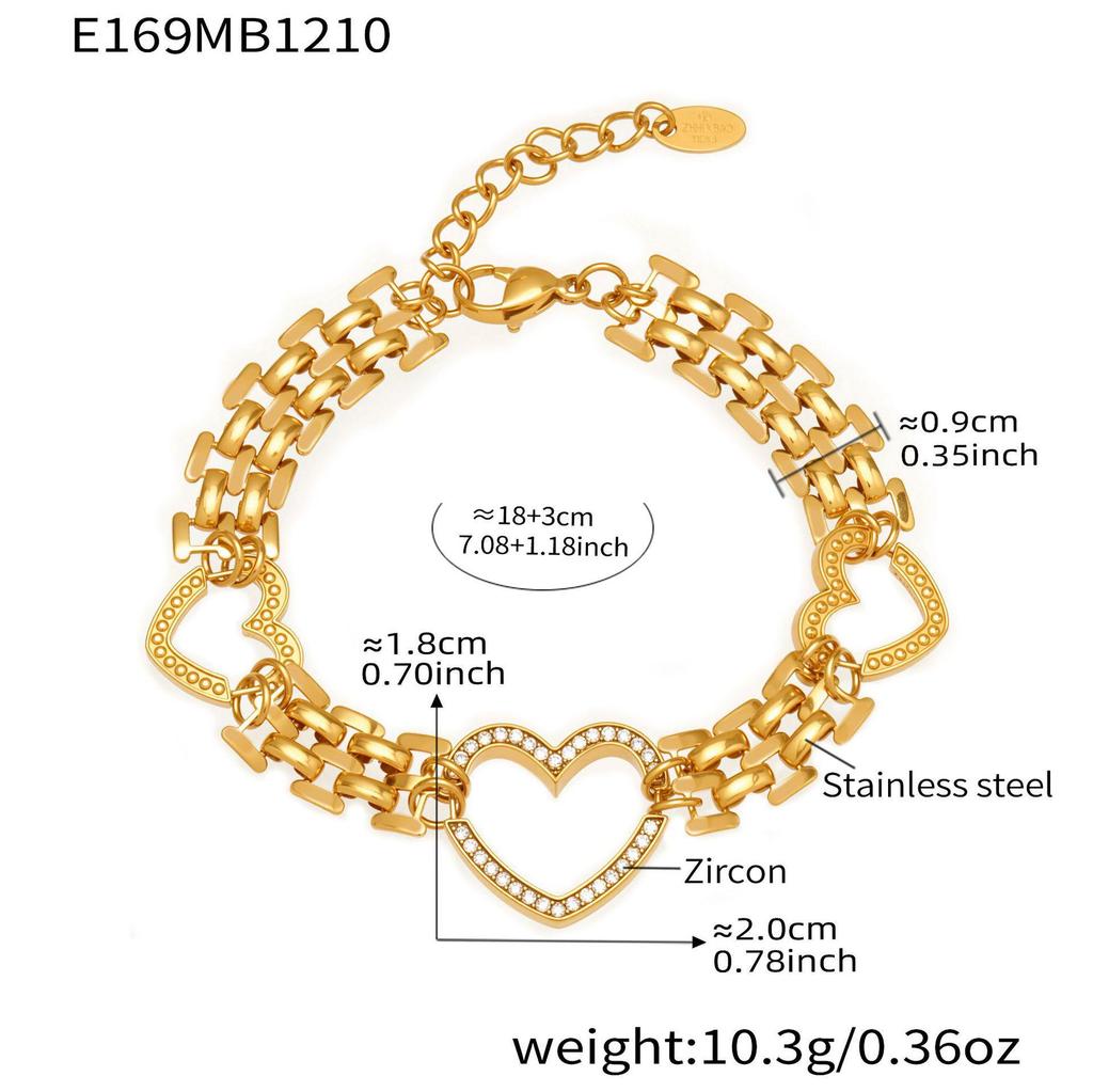 18K Gold-Plated Stainless Steel Heart Watch Strap & Natural Stone Ring Set with Cubic Zirconia