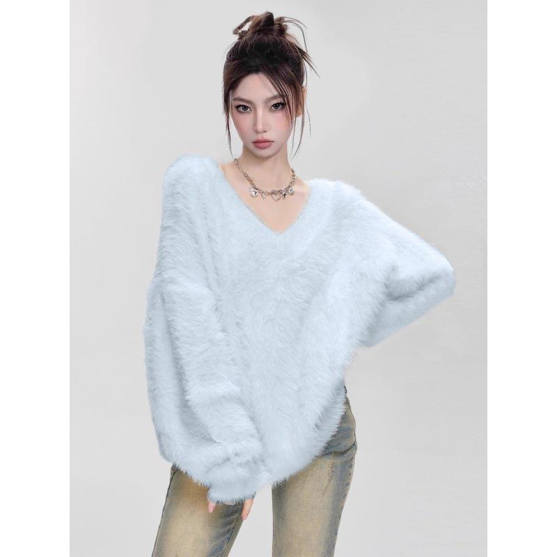 Nai Fufu 2025 Women's Autumn/Winter V-Neck Mohair Sweater - Soft, Fluffy Knit Pullover