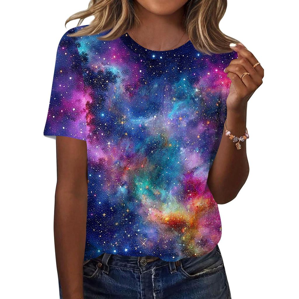 Women's Fashionable Casual Short Sleeve Print Round Neck Pullover Top