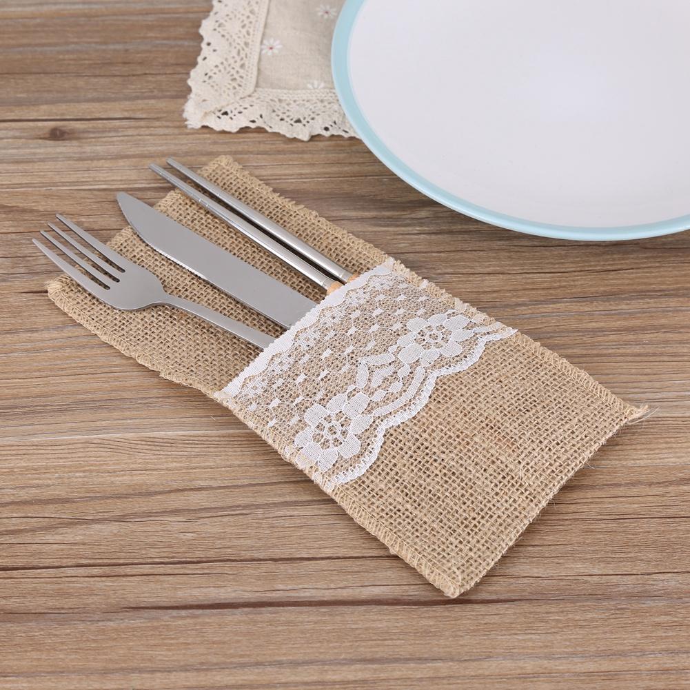 10pcs Jute Lace Made Fork and Knife Cutlery Tableware Holders for Wedding Party Decoration