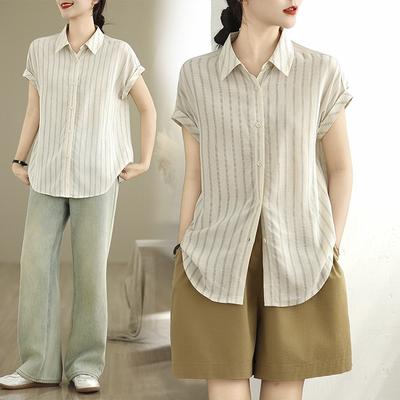 2025 Summer New Large Size Loose Cotton and Linen Striped Casual Top Women's Fashion Polo Collar Short-sleeved Shirt