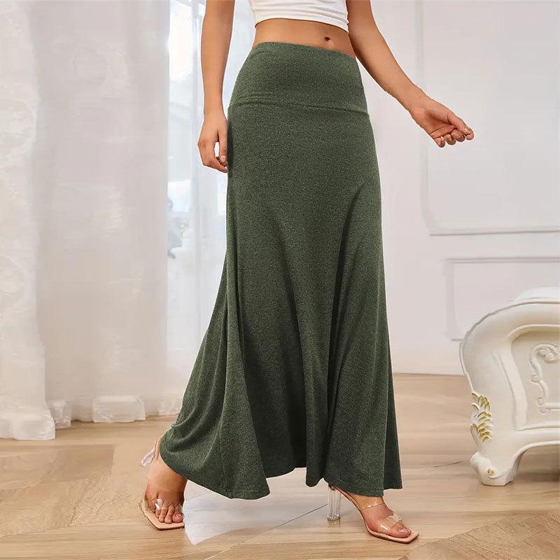 European & American Commuter A-Line Midi Skirt - Solid Color, Knit, Polyester-Cotton, Micro-Elastic, Spring/Autumn Wear