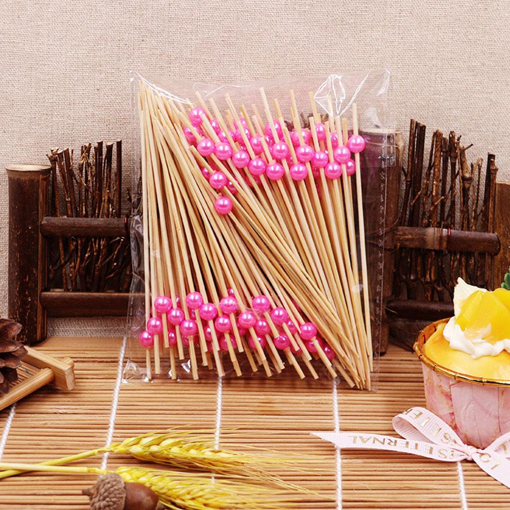 100 Pieces 12cm Disposable Fruit Bamboo Sticks with Creative Bead Tags for Desserts Fruits Festival Decoration Accessories