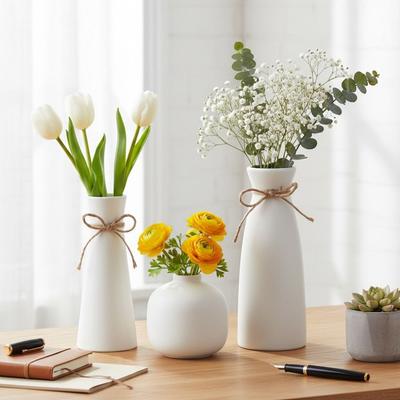 3 Pieces Ceramic Modern Style Dried Flowers Vase Set Solid Color Narrow-mouthed Flower Arrangement Vase Different Sizes