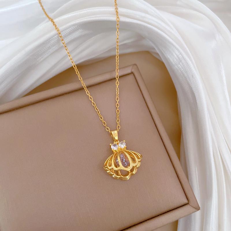 Empty Shell Containing Beads Light Luxury Temperament Gorgeous Full Diamond Necklace Versatile Collarbone Chain Titanium Steel Chain