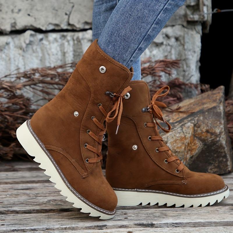 Women's Fleece-Lined Winter Boots with Plush Collar - Lace-Up Round Toe Flat Sole Ankle Bootie