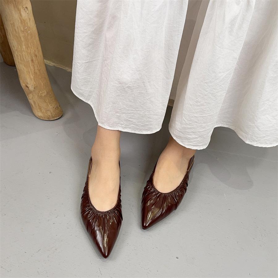 Johnature Faltige Rindsleder Spitzschuh Temperament Damenschuhe Echtes Leder Weiche Sohle Vielseitige flache Schuhe