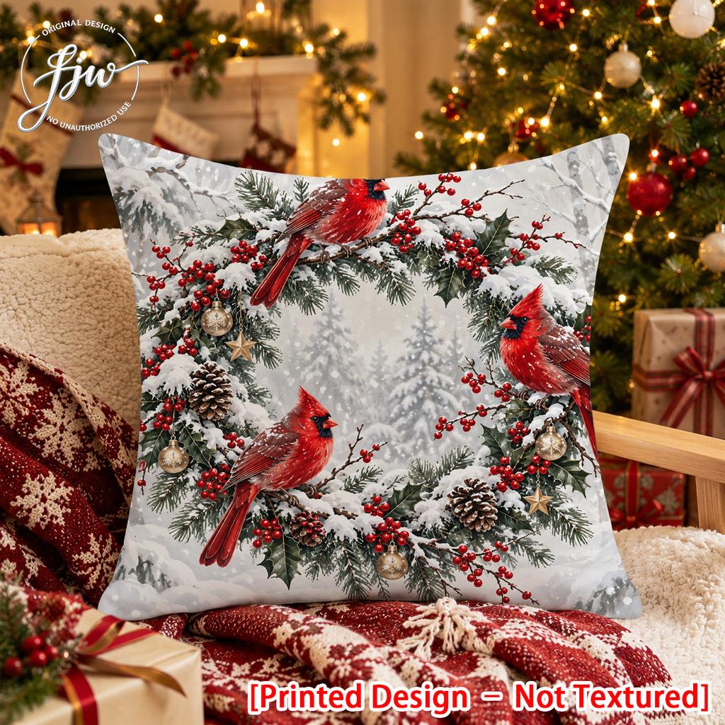 2D FLAT-1pc Christmas Snow Scene Cardinal Wreath Pillowcase, Featuring a Flat 2D Printing Process, Is a Light-toned Decorative Pillowcase Suitable for