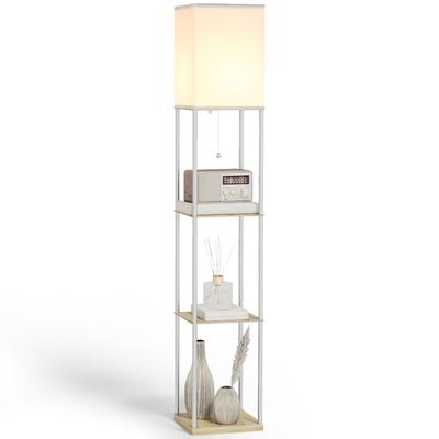 Modern Metal Floor Lamp with Shelves, 3 Layer Shelf Tall Standing Lamp with Fabric Lampshade, Pull Chain Switch for Living Room, Bedroom