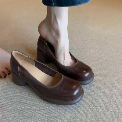 Schafsleder-Version~ Retro flache Ledereinzelchuhe Damen Rundkopf dicker Absatz Einschlupf Mary Jane Schuhe Britischer Stil kleine Lederschuhe
