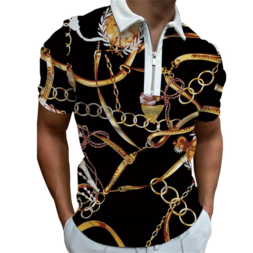 Men's Short Sleeved Zipper Polo Shirt, Men's Fashion Personalized Printed Collar Polo Shirt, T-shirt