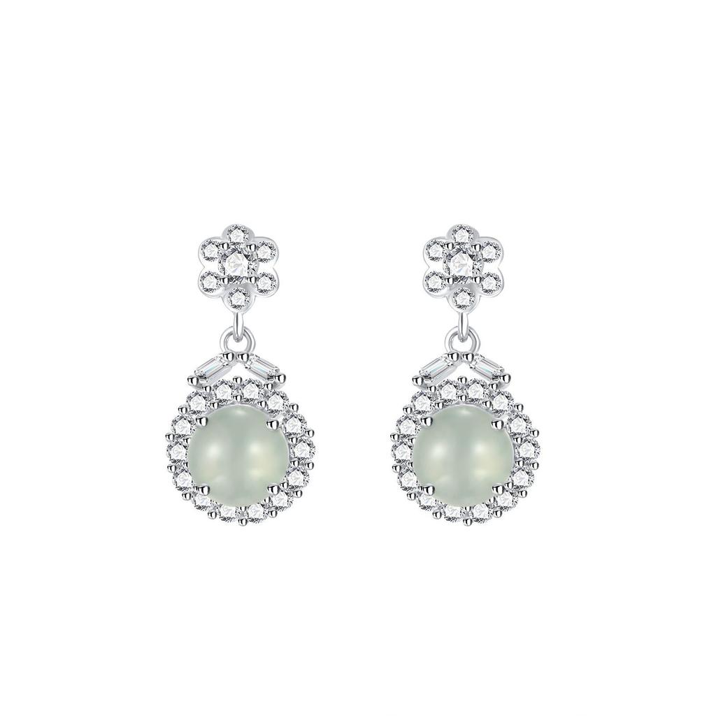 Natural jadeite blue water s925 sterling silver stud earrings new Chinese simple egg surface super flash high design sense daily jewelry gift