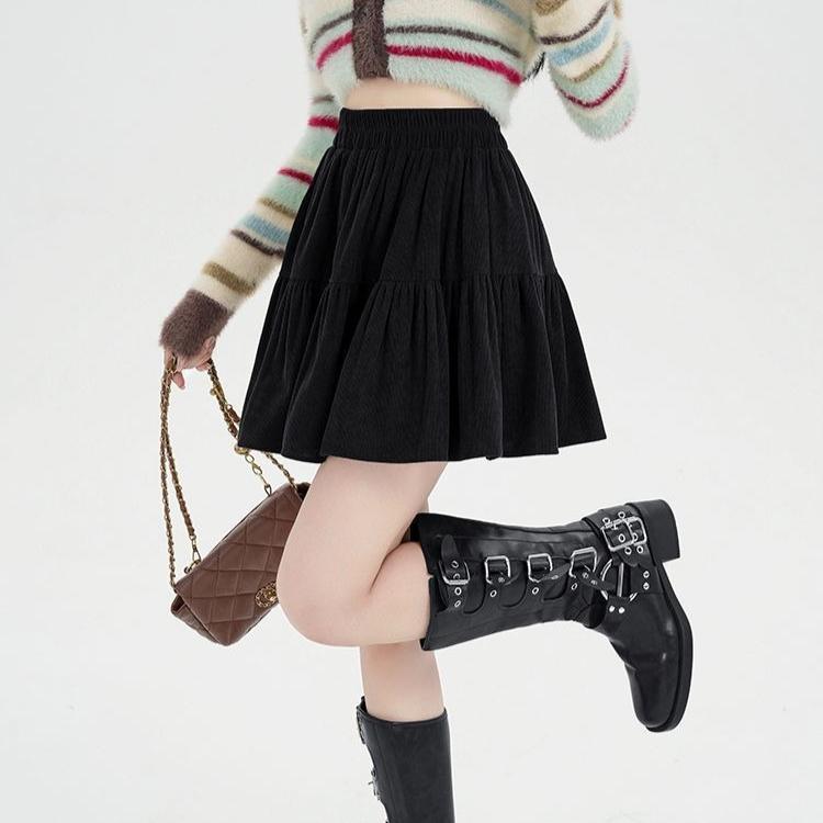 Women's Corduroy Umbrella Skirt High-Waist A-Line Skirt Autumn Short Mini Skirt