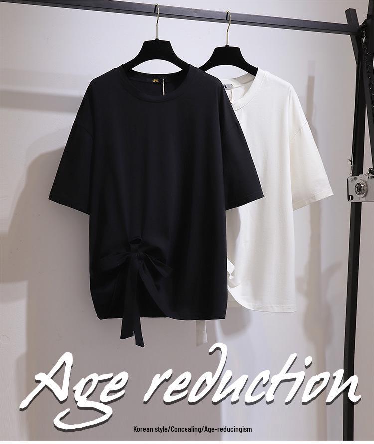 Plus Size Lace-Up Bow T-Shirt for Women - 2024 Summer Slimming Casual Top