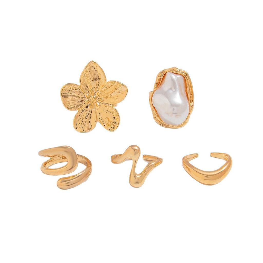 Baroque Imitation Pearl Retro Ring Design Sense Liquid Lava Flower Opening Ring
