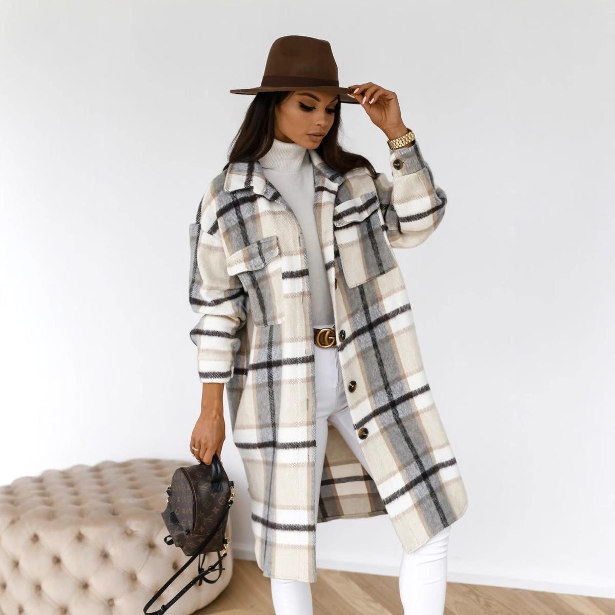 

Осенне-зимняя повседневная шерстяная куртка с длинными рукавами и лацканами на пуговицах в клетку 2XL