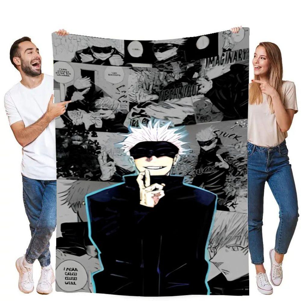 Unique Manga-Inspired Blanket Featuring a Confident Character with Spiky White Hair & Black Blindfold - Cozy & Stylish Shonen An