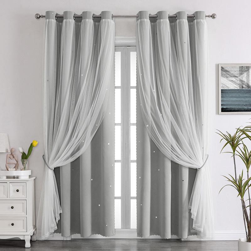 Lace Blackout Curtains Double Layer with Sheer Star Pattern Embroidery Thermal Insulated Curtain Princess Curtain Luxury Double Layer Curtains