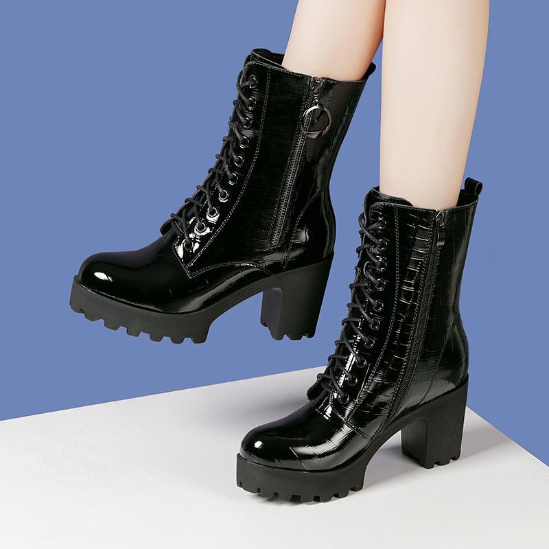 

8см 10см Элегантные ботинки на массивной платформе Женские ботинки из натуральной кожи 2025 Зимние ботильоны на блочном высоком каблуке Меховые ботильоны Мотоциклетные ботинки 41